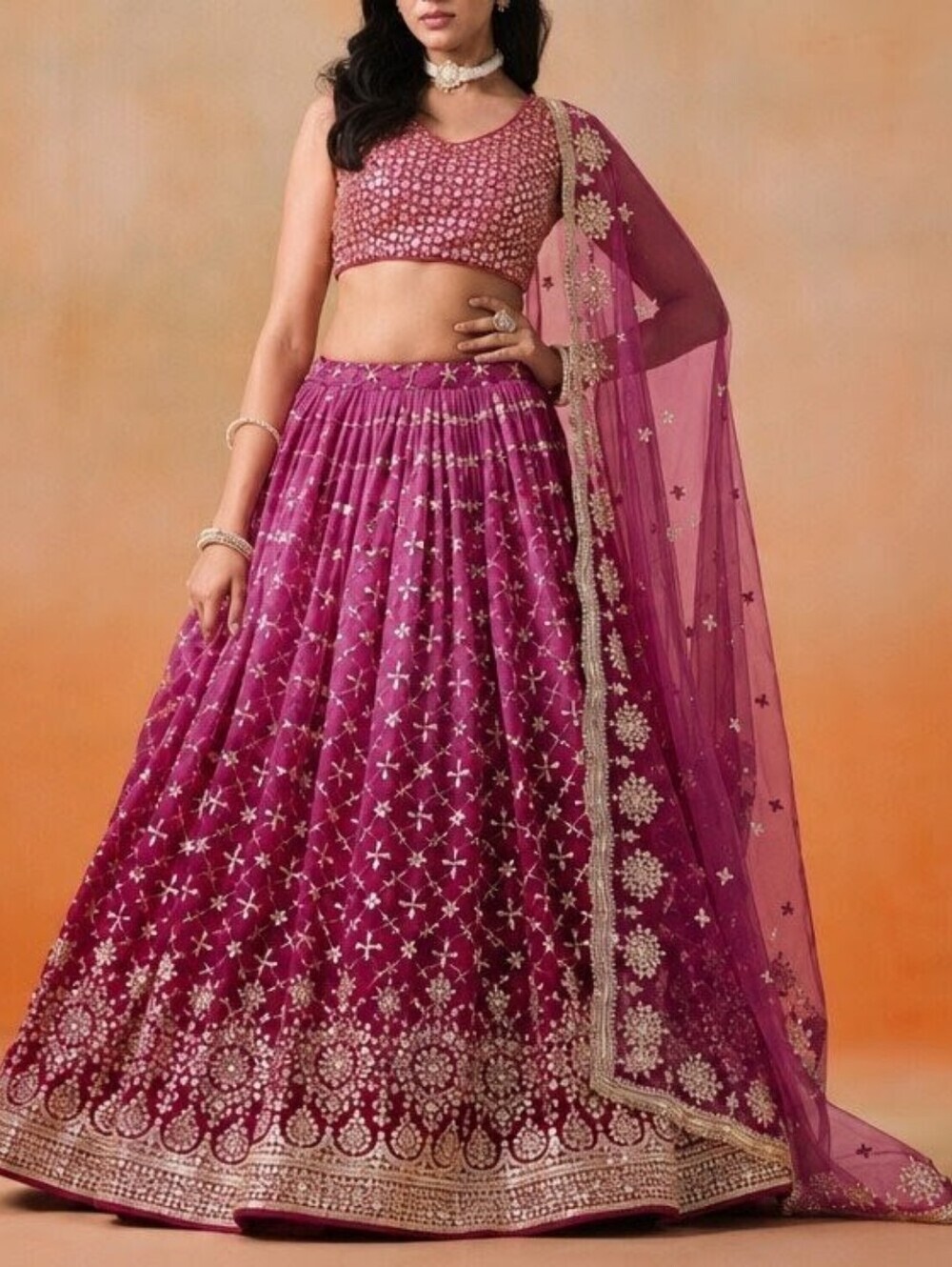 Gradient Dual-Tone Red-Pink Embroidered Lehenga Choli Set
